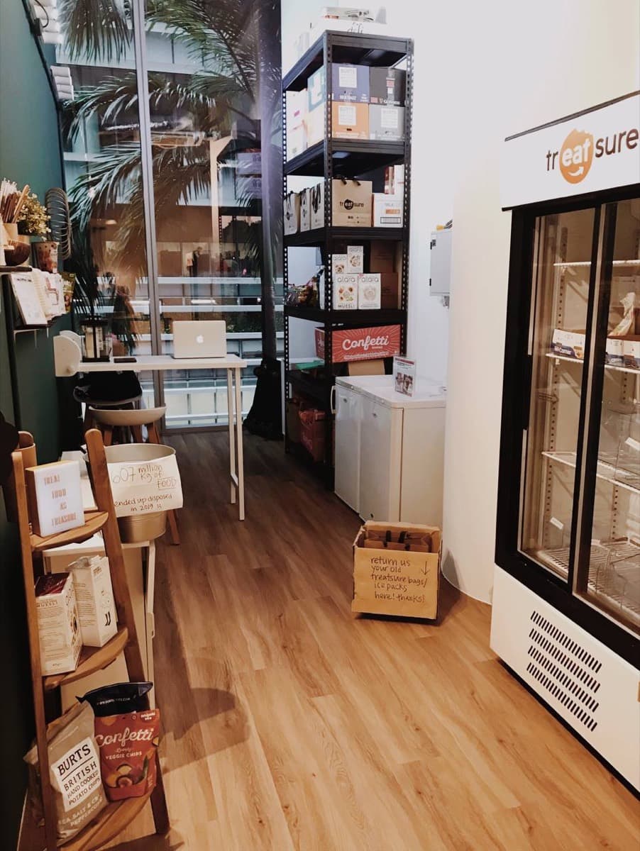 Shelves of surplus groceries at the treatsure concept store